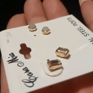 Moon stone and crystal cut stud earrings surgical steel post nwot